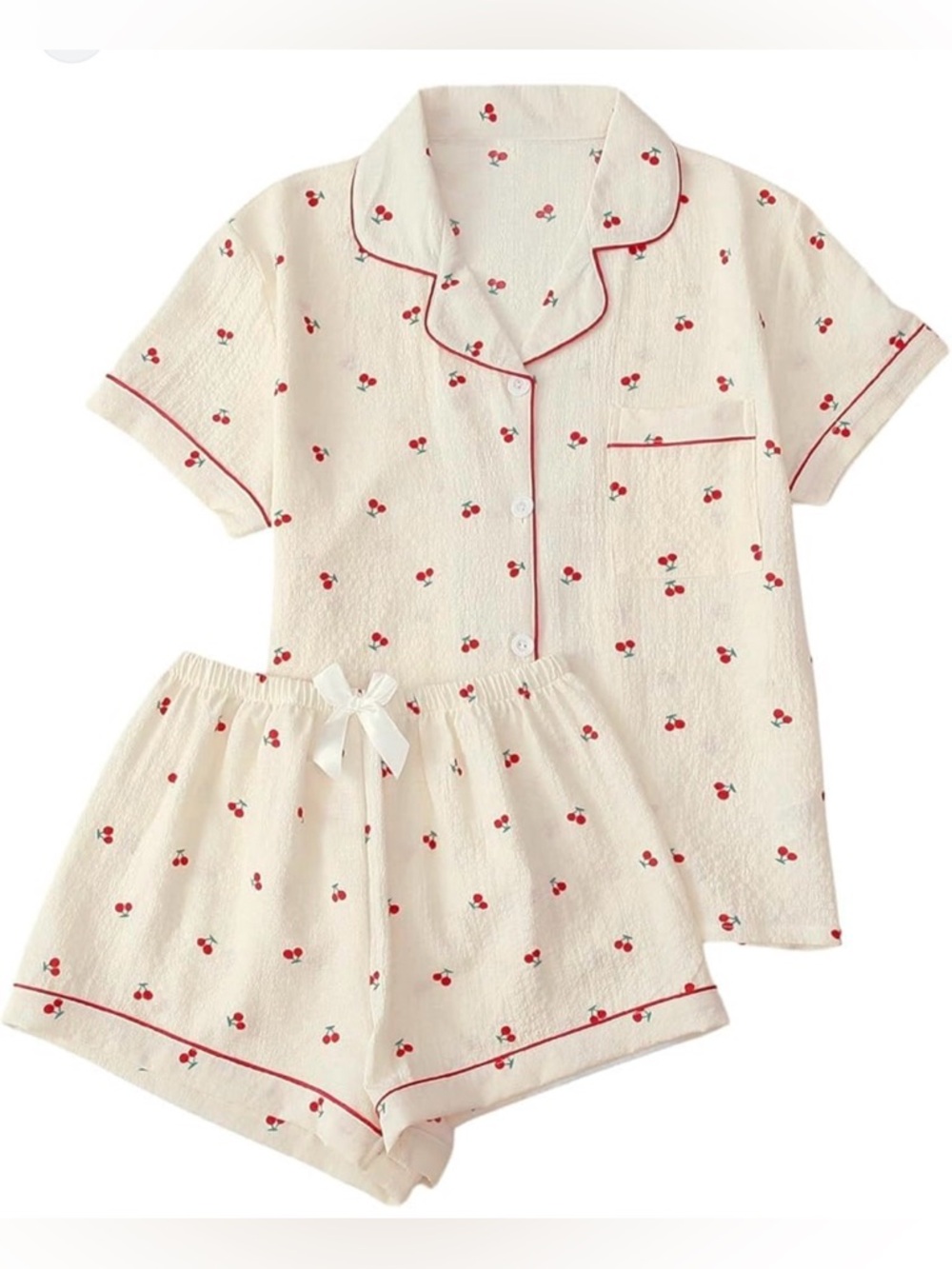 Women’s Cream Cherry Print Short Pajama Set - Soft Short Sleeve Sleepwear